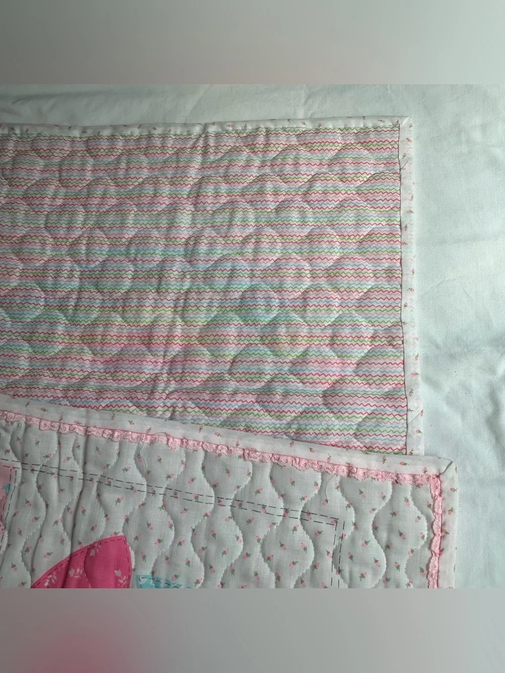 Vintage 70’s Baby Quilt /Giraffe, Rainbow, Teddy Bear 43” L X33”W - IT’S A GIRL
